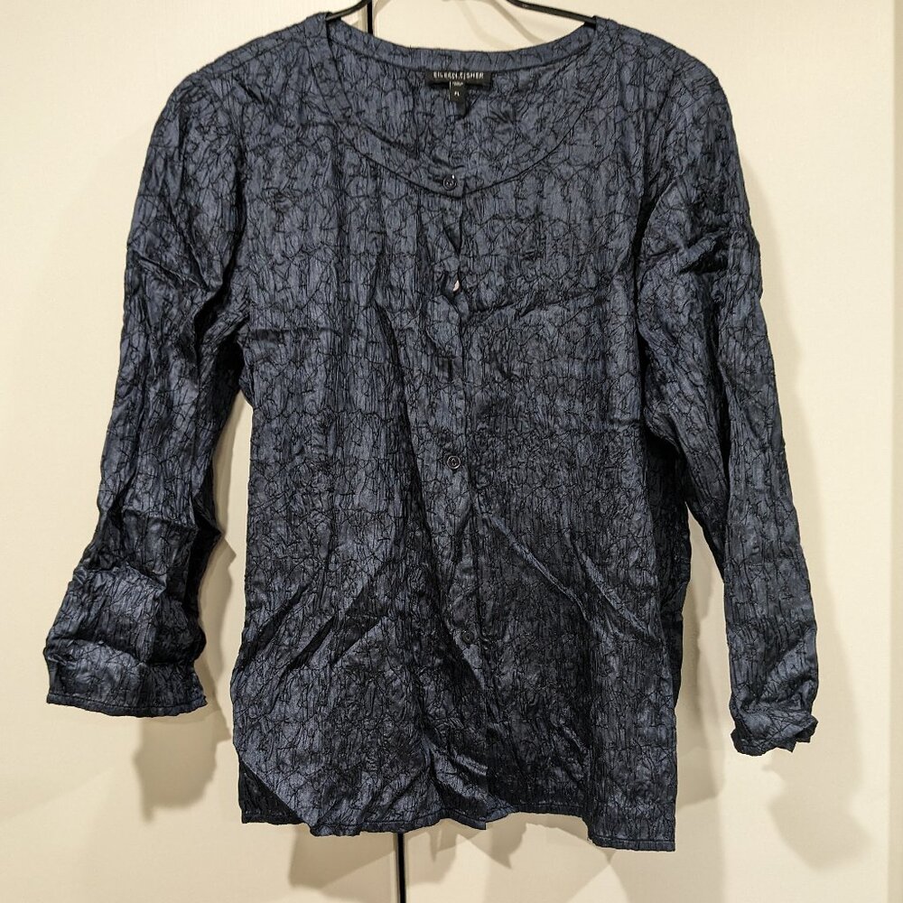 Eileen Fisher, crepe silk blue blouse, petite large